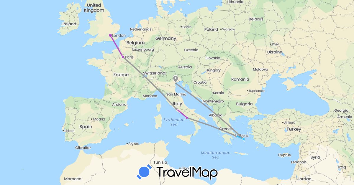 TravelMap itinerary: plane, train, boat in France, United Kingdom, Greece, Italy (Europe)